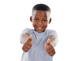 Portrait, smile and boy with thumbs up, child or agreement isolated on transparent background. Face, person or kid with happiness, hand gesture or emoji with feedback, png or symbol with like or icon