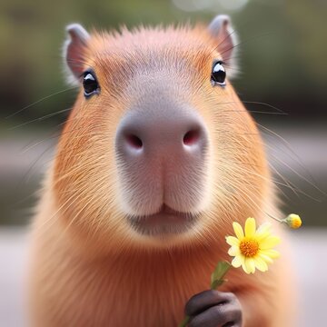 Cute capybara with butterfly holds flower in his hand on light background, greeting universal card for holidays, valentine, birthday and others