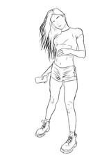 sketch of a young woman in an outdoor suit posing wearing boots