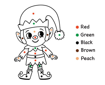 Painting Activity for Children. Colouring Page in Christmas Elf Character Theme. Vector Illustration.