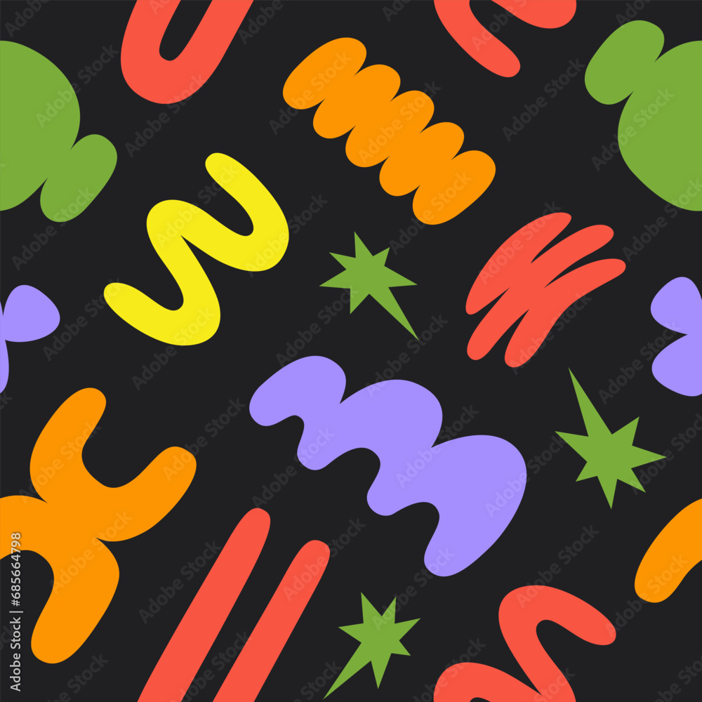 Poster Abstract seamless pattern with colorful playful cartoon shapes on a black background. Trendy random shapes. Vector illustration
