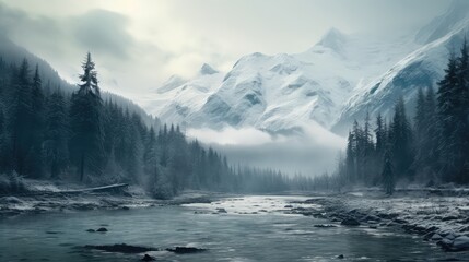 Foggy winter landscape with mountain river and snowcapped peaks
