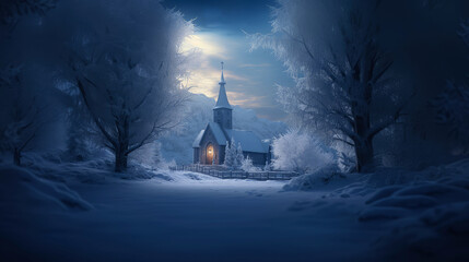 Winter landscape. Church in the forest at night - Powered by Adobe