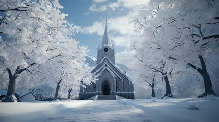 Fototapeta na wymiar Church in winter forest with snow and trees. 