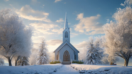 Winter landscape with church and trees in hoarfrost.  - Powered by Adobe
