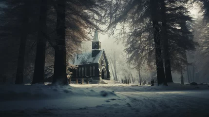 Foto op Canvas Old wooden church in winter forest with snow and fog.  © Faith Stock