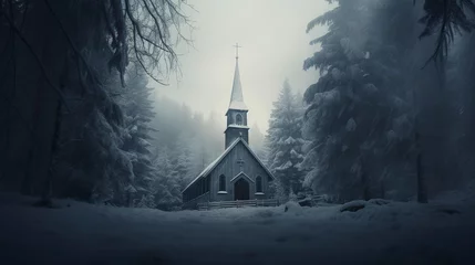 Foto op Canvas Foggy christian church in winter forest.  © Faith Stock