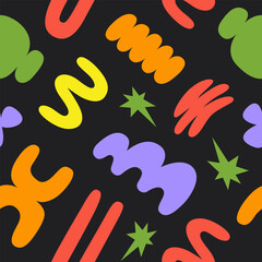 Abstract seamless pattern with colorful playful cartoon shapes on a black background. Trendy random shapes. Vector illustration