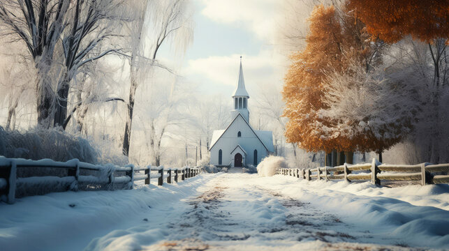 Little path leading to a church in winter forest. 
