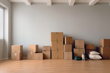 Moving to new home  donation concept with stack of cardboard boxes and cat sitting inside a box