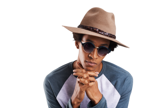 Sunglasses, fashion and portrait of black man with hat on isolated, png and transparent background. Attractive, accessories and person in trendy clothes, casual outfit or summer style with confidence