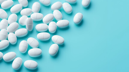 Healthcare Essentials: White Pills Scattered on a Blue Background