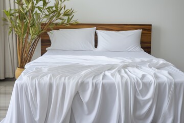 White folded duvet on white bed   preparing for winter season, household and hotel textile concept