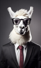 Portrait of a stylish white alpaca dressed in a business suit.