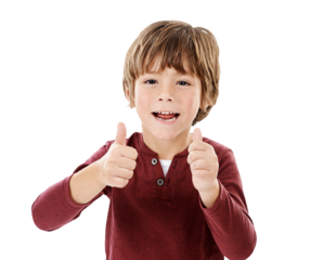 Portrait, smile and boy with thumbs up, kid and agreement isolated on a transparent background. Face, person and child with happiness, hand gesture and emoji with review, png and symbol with like
