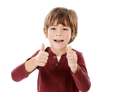Portrait, smile and boy with thumbs up, kid and agreement isolated on a transparent background. Face, person and child with happiness, hand gesture and emoji with review, png and symbol with like - Powered by Adobe