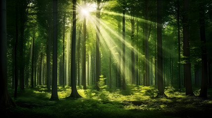autumn forest trees. nature green wood sunlight backgrounds. Generative AI.