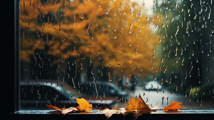 Rainy day with autumn leaves on window glass outdoor
