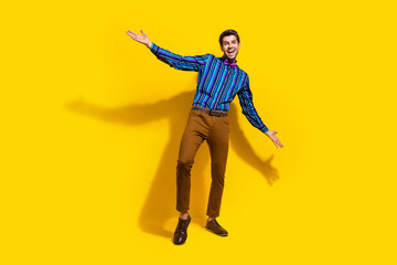 Full size photo of good mood funky guy dressed striped shirt brown trousers announcing black friday...