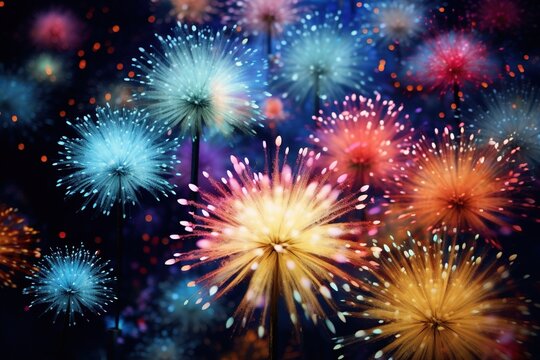 Multi-colored flashes of fireworks exploding in the night sky, New year night. Created with Ai