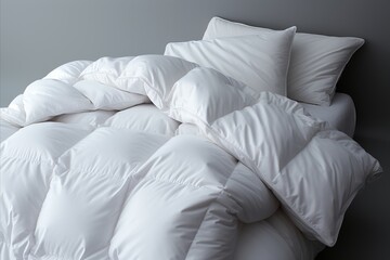 White folded duvet on bed   winter season preparation, household textile, hotel or home d  cor