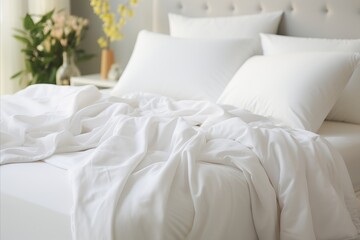 Fototapeta na wymiar White folded duvet on bed background, winter season preparation, ideal for hotel or home decor.