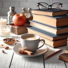 cup of coffee and books on table