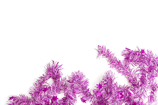 creative festive frame with purple streamers with transparent background, top view