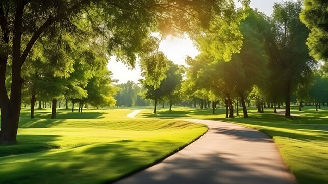 New pathway and beautiful trees track for running or walking and cycling relax in the park on green grass field on the side of the golf course. Sunlight and flare background concept. Generative AI.