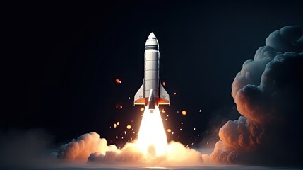 Startup rocket takeoff. 3D rocket launch up. Concept of starting business. Spacecraft with smoke on dark background.