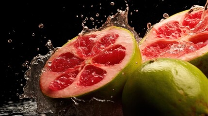 Slices of fresh guava fruit with water drops closeup. Vegan Concept. Healthy Food Concept with copy space.