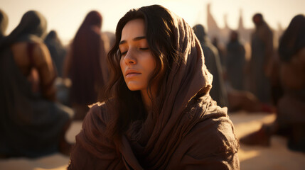 Young woman praying, closeup. Biblical character - obrazy, fototapety, plakaty