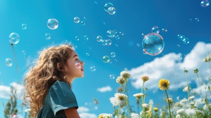 Fototapeta premium Cute little girl blowing soap bubbles on meadow with flowers