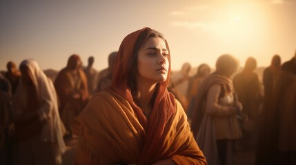 Beautiful girl in the orange shawl on the background of the desert.  Biblical character - obrazy, fototapety, plakaty
