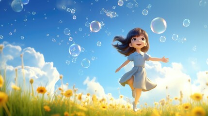 Little girl playing with soap bubbles in the meadow. Cartoon style