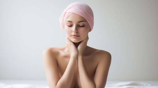 Woman with pink headscarf and closed eyes. Portrays concept of serenity and strength.