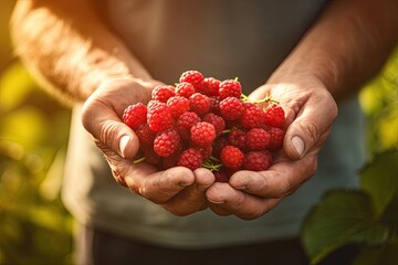 In the summer sunshine, an elderly farmer's hands hold ripe red raspberries in a garden. - Powered by Adobe