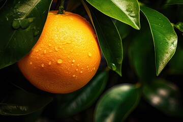 Ripe orange fruits on a green tree, fresh and organic, hanging from branches in sunlight.