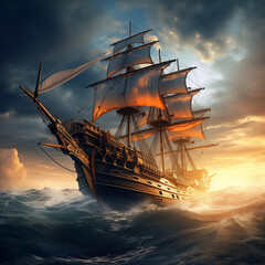Obraz premium the ship Flying Dutchman in a storm near the shore 1