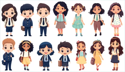 Tuinposter Set of Happy multiethnic preschool girls and boy standing in different expressions, Cute kids cartoon with different expressions, Set of funny and cute little boy and girl with different character © Creative_Design