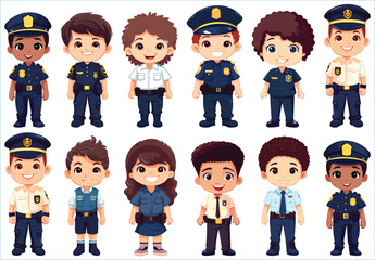 Set of Happy multiethnic preschool girls and boy police standing in different expressions, Cute kids cartoon with different expressions, Set of  cute little boy and girl with different character