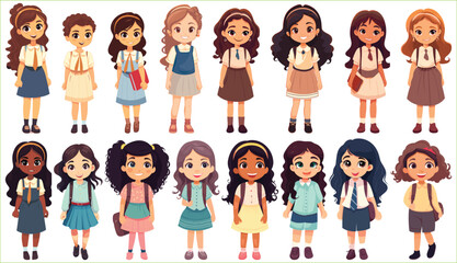 Set of Happy multiethnic preschool girls and boy standing in different expressions, Cute kids cartoon with different expressions, Set of funny and cute little boy and girl with different character - obrazy, fototapety, plakaty