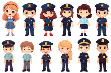 Set of Happy multiethnic preschool girls and boy police standing in different expressions, Cute kids cartoon with different expressions, Set of  cute little boy and girl with different character