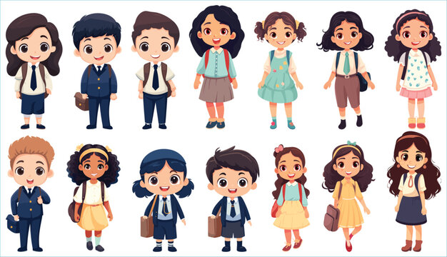 Set of Happy multiethnic preschool girls and boy standing in different expressions, Cute kids cartoon with different expressions, Set of funny and cute little boy and girl with different character