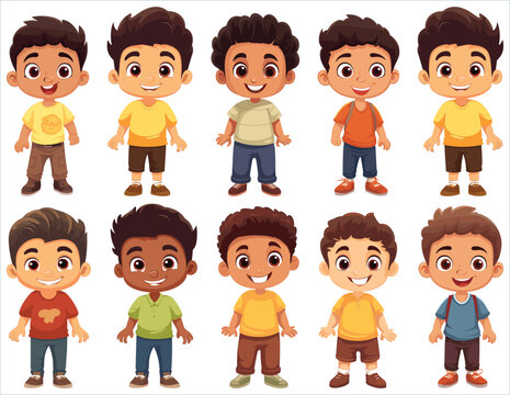 Set of Happy multiethnic preschool girls and boy standing in different expressions, Cute kids cartoon with different expressions, Set of funny and cute little boy and girl with different character