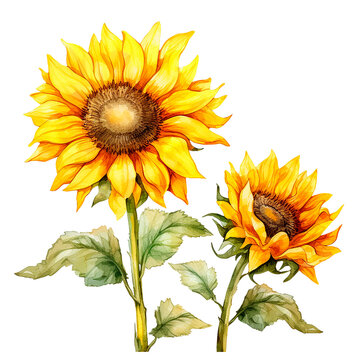 watercolor drawing of yellow sunflowers. autumn set with colored ones for thanksgiving holiday