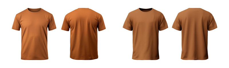 realistic set of male brown t-shirts mockup front and back view isolated on a transparent background, cut out