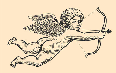Fototapeta premium Flying angel with wings directs an arrow from bow. Hand drawn love symbol, vector illustration
