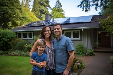 A happy couple and a large house with solar panels installed.