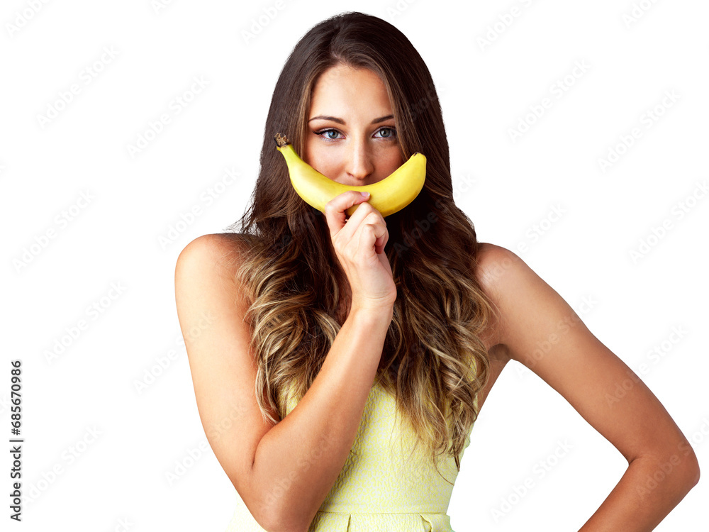 Wall mural Smile, beauty and young woman with banana for natural, health and wellness diet and comic joke. Happy, funny and female person from Canada with fruit for mouth isolated by transparent png background.